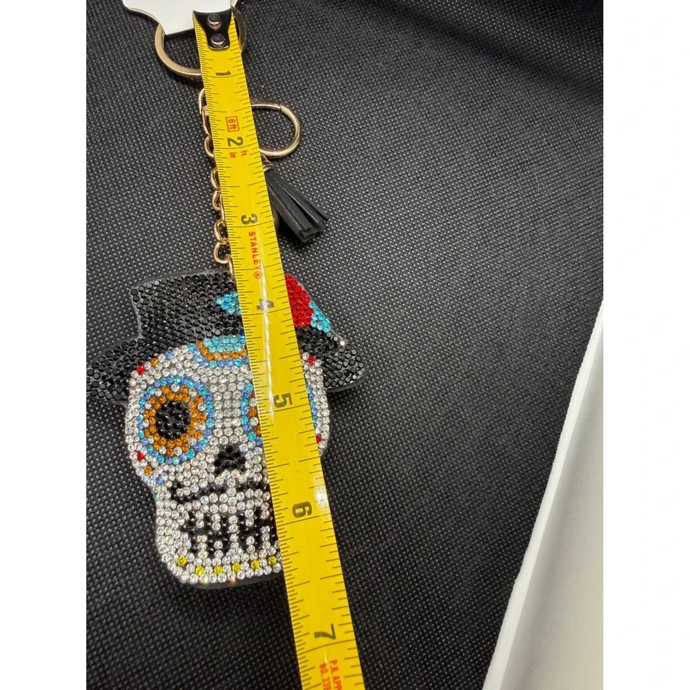 Sugar Skull Rhinestone Keychain Day of the Dead Calavera Tassel Bag Charm Gold